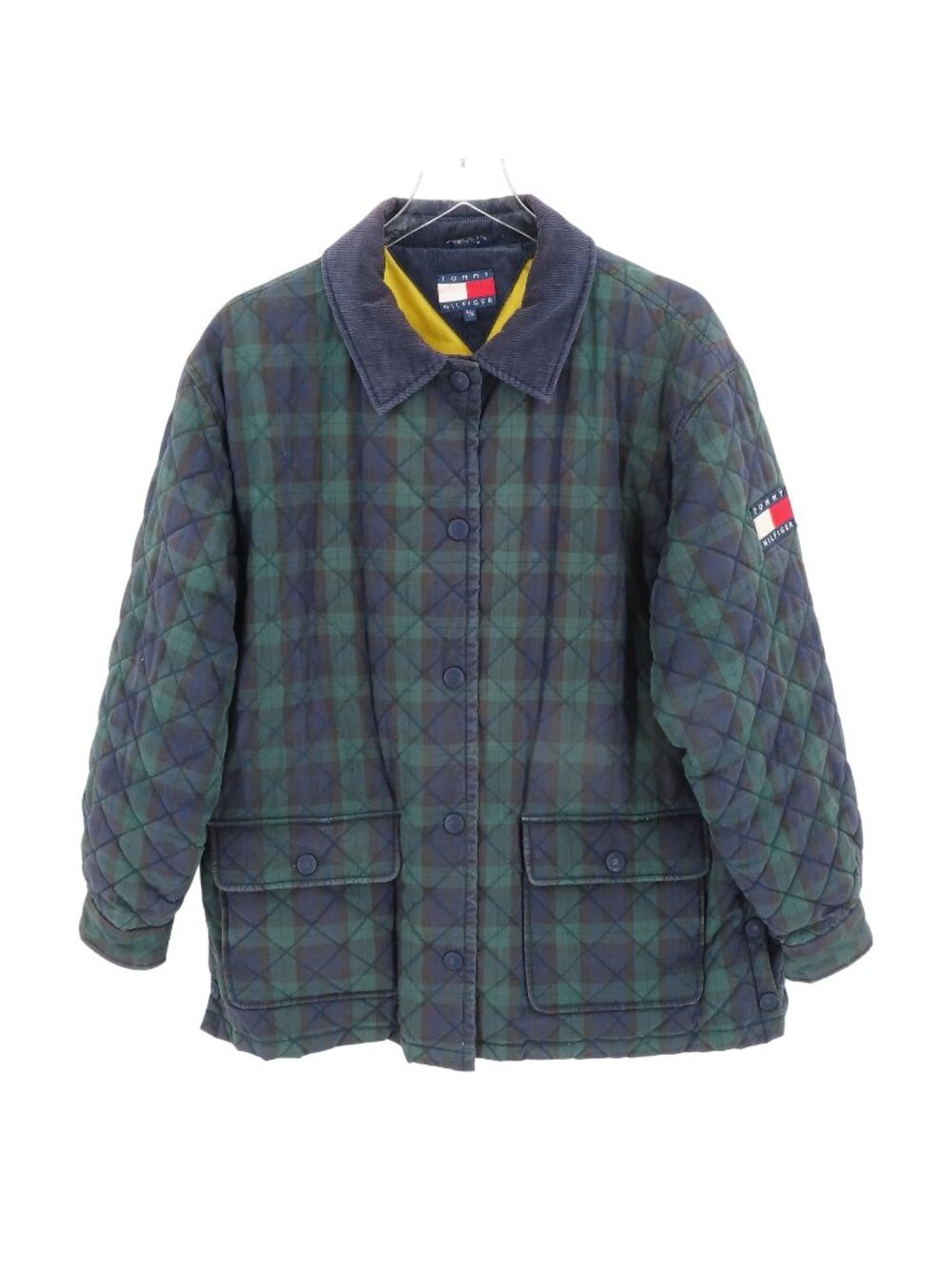 Tommy Hilfiger Mens XL 90s Blue Green Tartan Plaid Corduroy Collar Jacket Coat